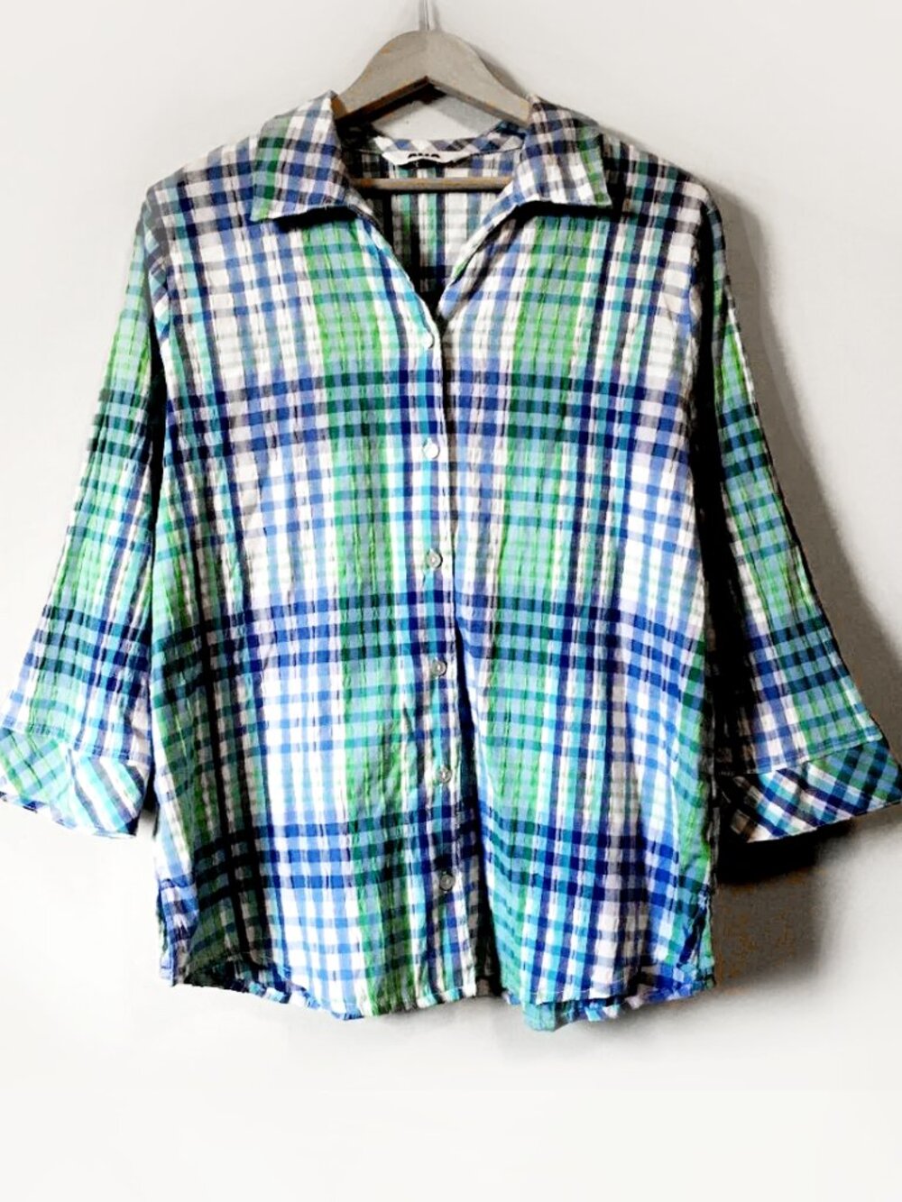 VINTAGE Plaid Puckered Seersucker Artsy Picnic Shirt L XL Seafoam Blue